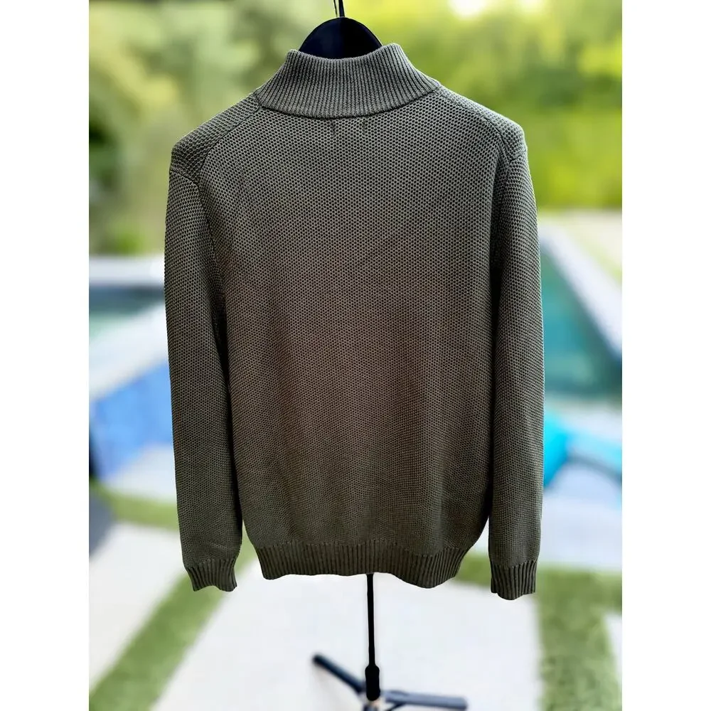 J.Crew Mens Large Olive Waffle Knit Quarter Zip Sweater 100% Cotton NWT